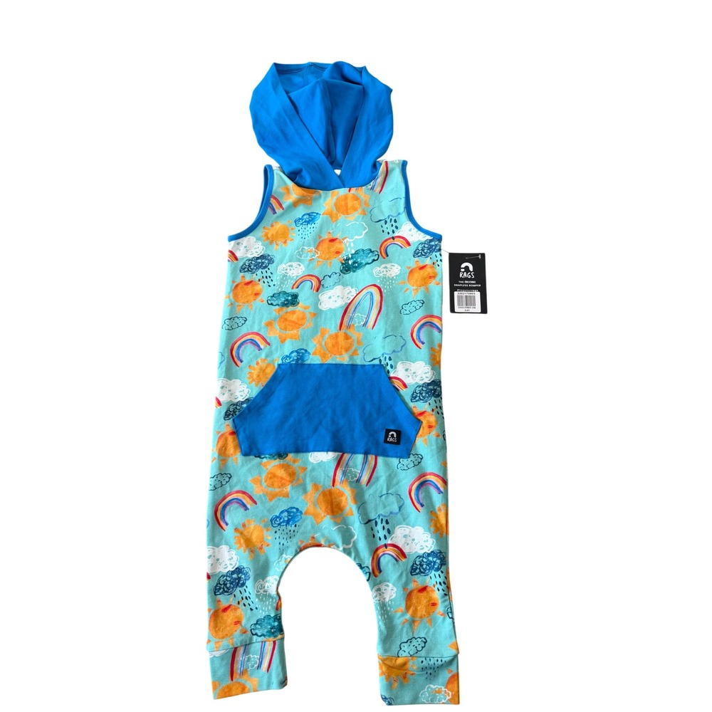 Rags Kids Sun Rainbow Cloud Hooded Snapless Romper‎ Sleeveless Aqua Blue 3/4 NWT